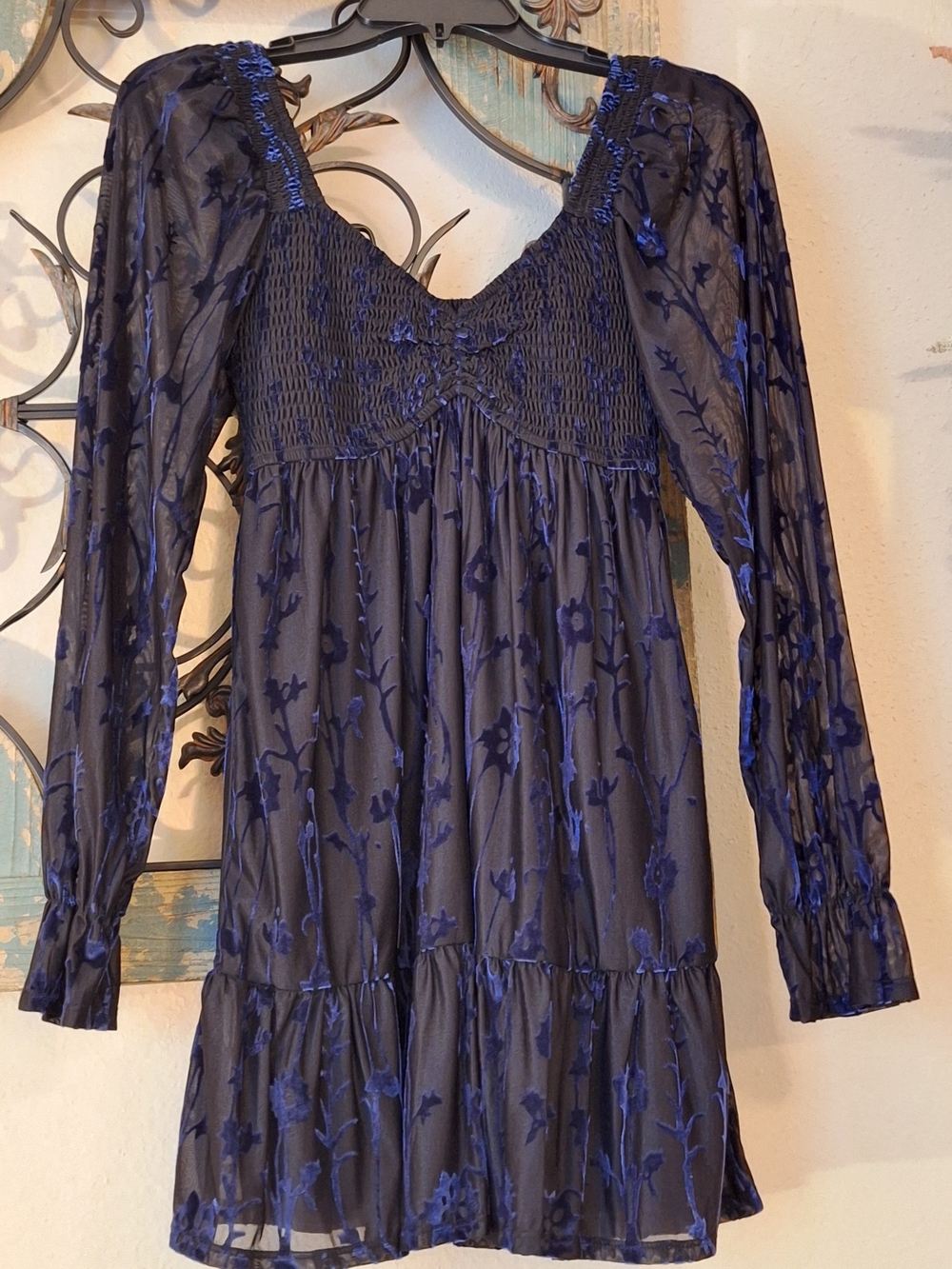 Navy & Black Long-Sleeve Smocked Yoke Mini Dress. NWT